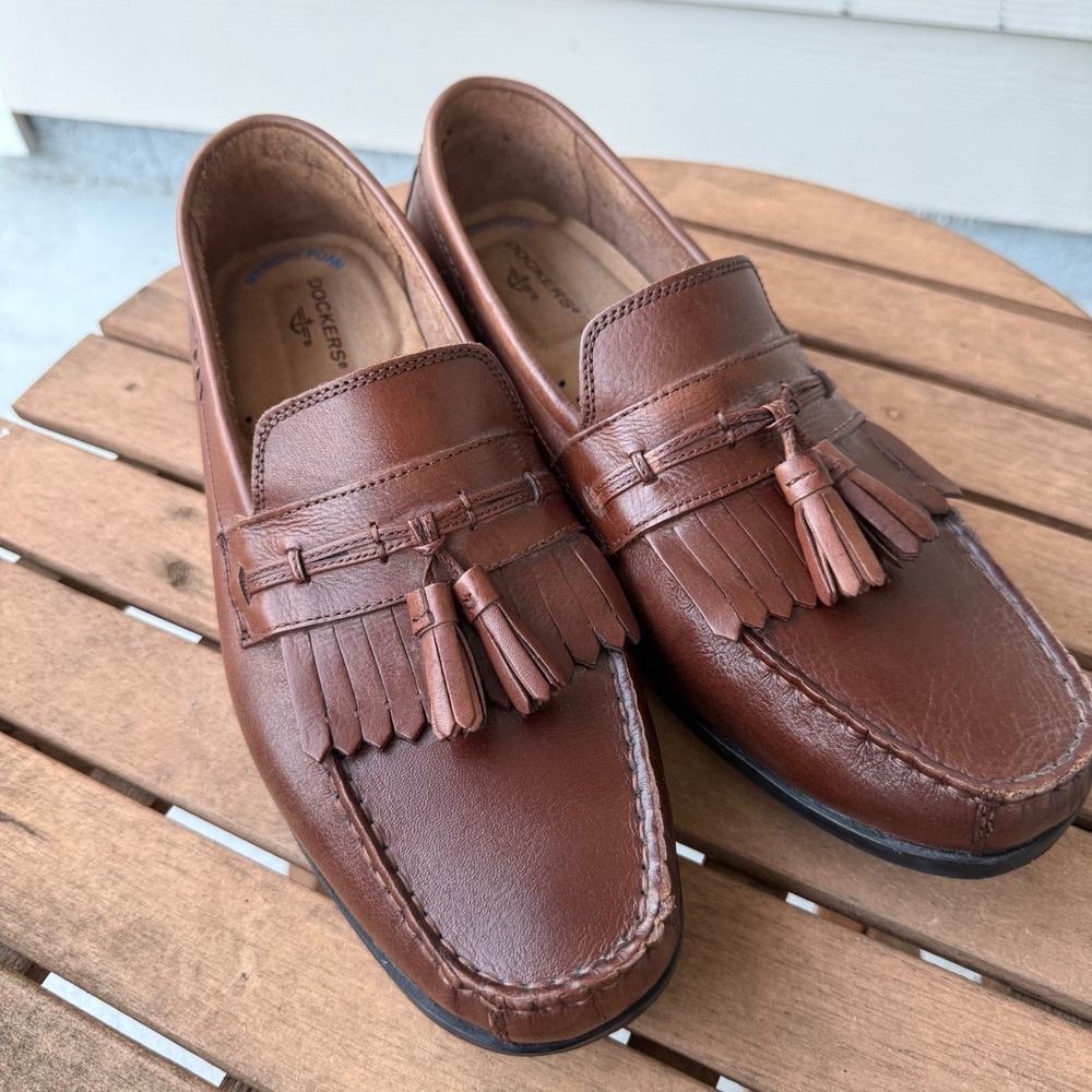 Dockers Mens Brown Leather Kiltie Tassel Loafers Memory Foam Slip On Shoes 10.5